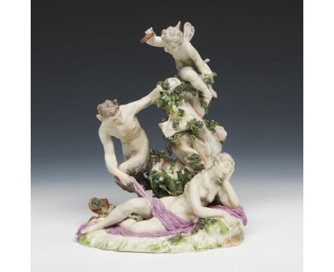 Seltene Barock-Figurengruppe: Jupiter (Satyr) und Antiope mit Eros            Höhe: 21 cm.             Antiope, die schöne To