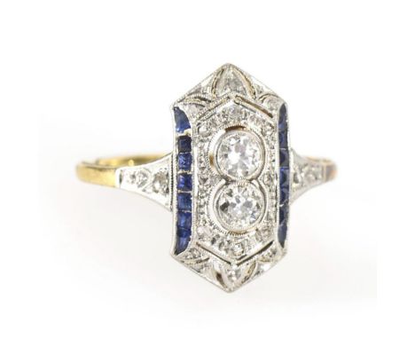 Art-déco-Ring mit Saphiren und Altschliff-Diamanten Gelbgold 585 gestempelt. Ringgröße 51. Brillanten gesamt ca. 0,30 ct. 2,8