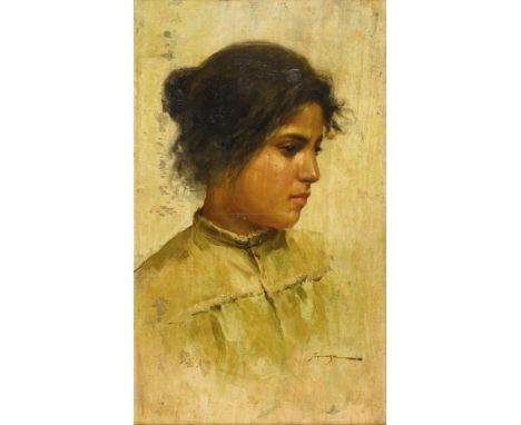             Italienischer Maler: Bildnis einer jungen FrauÖl/Holz. Rechts unten undeutlich signiert. Verso datiert: 1909 mit 