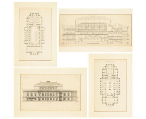             4 Bauzeichnungen des Gewandhauses in Leipzig4 Stahlstiche. 1882 - 1884. Je im Passepartout: max. 36 x 70 cm.     