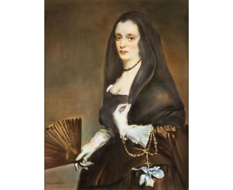 Bildplatte: Die Dame mit dem FächerSelb, Heinrich &amp; Co., Kunstabteilung Seethal Chiemsee.             25 x 19 cm, Rahmen: