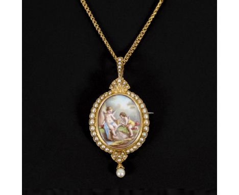 Brosche/Anhänger mit Miniatur und Perlchen, an Kette, 2. H 19. Jh., im Originaletui.  Gelbgold/Roségold 585 geprüft. Brosche 