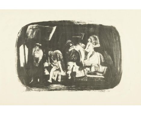  Undeutlich signiert: Mythologische Szene mit ReiterLithografie. Kohlesignatur. 1971. "1. Abzug".Hinter Glas60,5 x 89 cm.  In