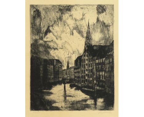   SPANIER,  Will(1894 Hamburg -1954 Mölln) Abstrahierte Hafenansicht von HamburgRadierung. Bleistiftsignatur. Exemplar: 64/10