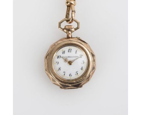  Vergoldete Damentaschenuhr mit UhrenketteUnion Horlogère. Um 1900. Gehäusenr. 108539.Ungemarktes Werk mit Zylinderhemmung, R