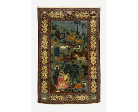 Kunstvoller orientalischer Bildteppich. 2. H. 20. Jh.Wolle, feine Handknüpfung. Polychromdekor, leichter Abrasch. Ca. 205 x 1