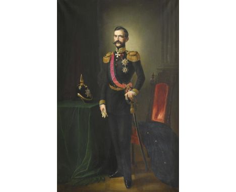   GRÜNLER, Raphael(1831 - 1864) Lebensgroßes Bildnis "Heinrich XX., Fürst Reuss von Greiz"Öl/Leinwand. Links unten signiert, 