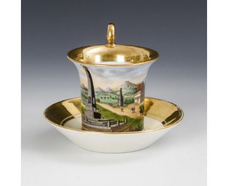 Ansichtentasse CulmFischer &amp; Reichenbach. Prägemarke F&amp;R, 1810-1816.             Polychrom bemalt, goldstaffiert. H T