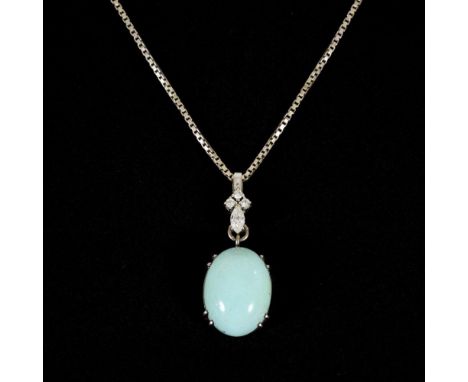 Anhänger mit Türkis, Diamant und Brillanten, an Kette Weißgold 585 gestempelt. Anhänger 3 x 1,4 cm. Kette L 42 cm. 9,4 g. Kra