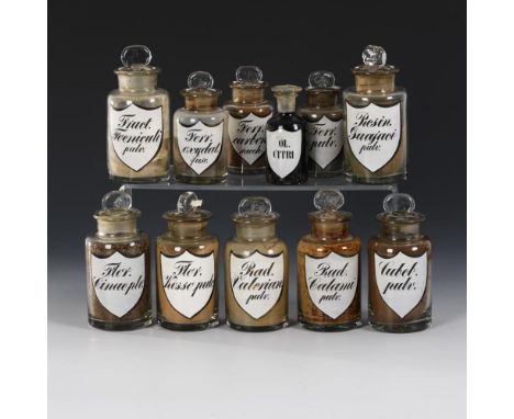 11 Biedermeier-Apothekengefäße1. H. 19. Jh.             Farbloses Glas, Emailmalerei. H 10-14,5 cm.             Zylindrische 