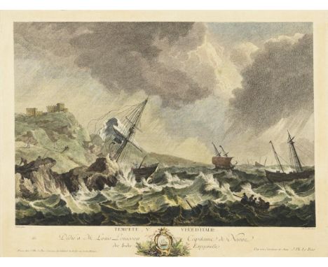  LE BAS,  Jacques-Philippe(1707 - 1783 Paris) Schiffe im SturmKolorierter Kupferstich.Druckplatte: 39 x 51 cm. Gerahmt & hin