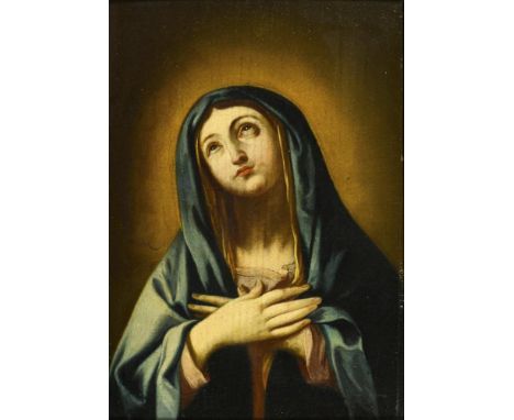             Betende MadonnaÖl/Holz. Unsigniert. 18. Jh. 34 x 23,5 cm. Gerahmt45 x 35 cm.             Maria im blauen Mantel m