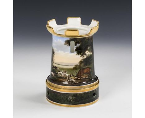 Tisaniére veilleuse mit JagdmotivUngemarkt, 1. H. 19. Jh.             Polychrom bemalt, goldstaffiert. H 16 cm.             I