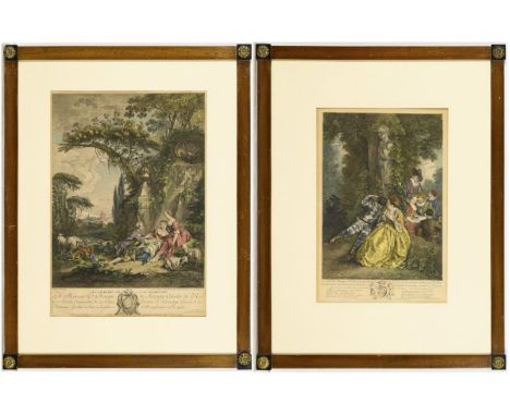             2 Darstellungen mit "Fêtes Galantes"2 kolorierte Kupferstiche. Gerahmt &amp; hinter GlasJe 69 x 53 cm.           