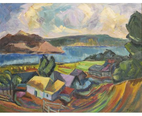             Russischer Maler: Landschaft mit FlussÖl/Sperrholz. Rechts unten kyrillisch signiert, verso als "R. Falk" bezeich