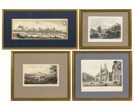  4 Stadtansichten3 Stahlstiche, 1 Kupferstich.  "Stadt und Schloss Wernigerode", Passepartoutausschnitt: 12 x 16,2 cm, gerahm