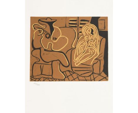   PICASSO,  Pablo (nach)(1881 Málaga - 1973 Mougins) Weiblicher AktGranolithografie auf Bütten [Nach einem Linolschnitt von 1