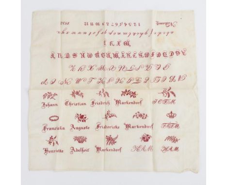 Biedermeier-Stickmustertuch            Feiner Stoff, rot bestickt. 42 x 42 cm.             Sehr fein ausgeführte Stickerei au