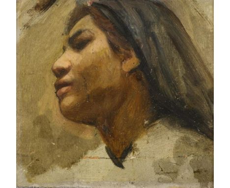             Kleines BildnisÖl/Malkarton. Unsigniert. Um 1900. 11 x 12 cm. Gerahmt19,5 x 20,5.             Porträt einer junge
