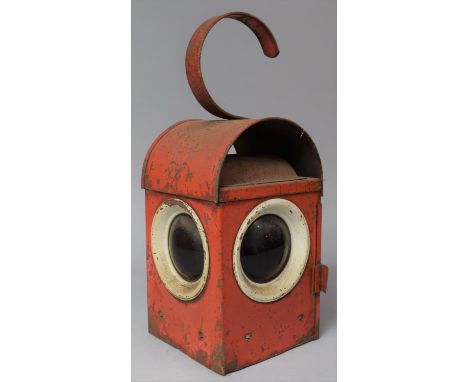 A Mid 20th Century "Bat" Red Painted Road Lamp with Red Glass 