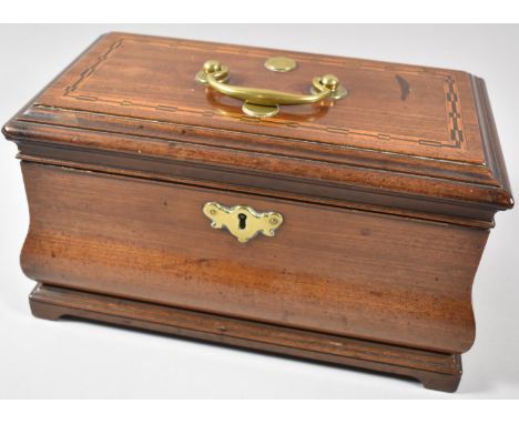 A Mid 19th Century Inlaid Mahogany Sarcophagus Shaped Tea Caddy with Brass Carrying Handle, Protective Brass Disks on Hinged 