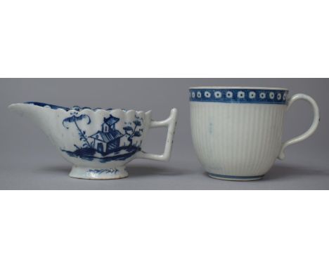 An 18th Century Miniature Blue and White Sauce Boat Decorated with Pagodas and an Early Caughley Coffee Can 