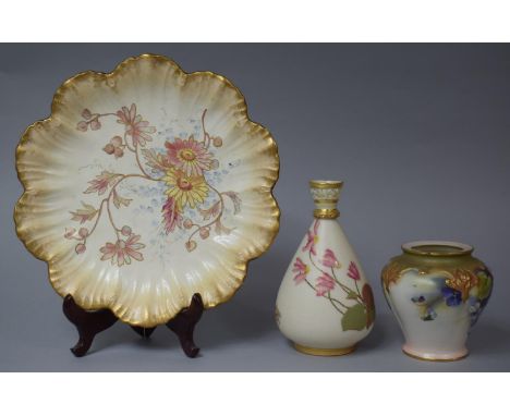 A Royal Worcester Floral Decorated Vase with Pierced Top, German Wavy Rim Plate and a Smaller Royal Worcester Vase (Missing L