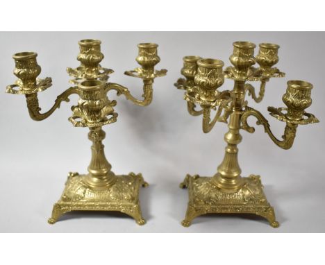 A Pair of Mid 20th Century Brass Five Branch Candelabra on Rectangular Acanthus Moulded Bases with Claw Feet, 24cm high 