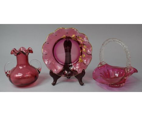 A Cranberry Glass Two Handled Vase, Cranberry Glass Basket and a Wavy Rim Dish 