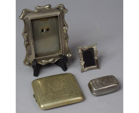 A Silver Plated Photo Frame, Cigarette Case, Snuff Box and a Miniature Frame 