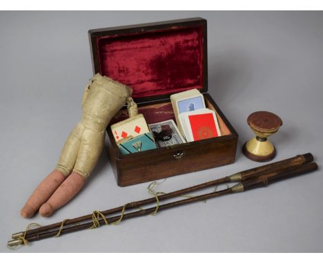 A Late 19th Century Mahogany Work Box Containing Rag Doll, Playing Cards and Victorian "Diablo" Game 