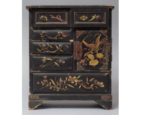 A Late 19th Century Oriental Lacquered Collectors Chest with Applied Gilt Enamel, Bracket Feet and Bronzed Mounts, with Condi