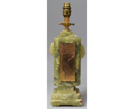 A Mid/Late Oriental Green Onyx Table Lamp Base with Gilt Metal Plaque Inscribed with Birds and Tree, 38cm high 