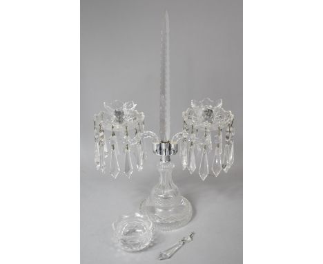 A Glass Two Branch Candelabra with Chromed Candle Holder Having Inner Threads, With Droppers, 51cm High 