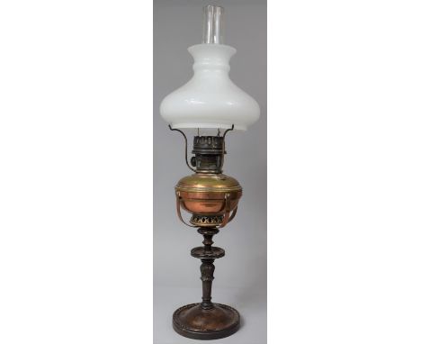 A Late 19th Century Copper and Turned Wooden Oil Lamp with Opaque Glass Shade and Plain Glass Chimney, Aladdin Model II 