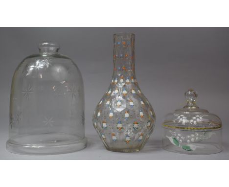 A Vintage Glass Domed Cover, 24cm High, a Lily of the Valley Decorated Glass Cover and a Decorated Glass Vase 