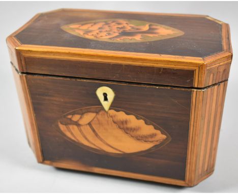 A Georgian Inlaid Mahogany Tea Caddy with Shell Ovals to Front Panel and Hinged Lid, Canted Corners  with Faux "Reed Work" In