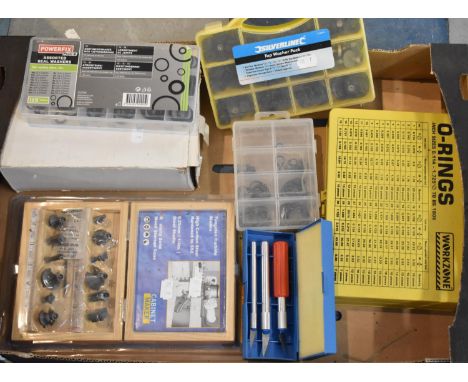 A Collection of Tools to Include Washer Pack, Seal Washers, Woodworking Router Set, Work Zone O Ring Set, Pair of Art Deco St