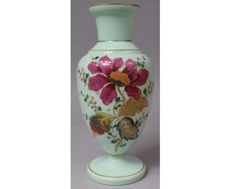 A Early 20th Century Opaque Glass Vase Decorated in Coloured Enamels with Flowers and Leaves, 31cm high 