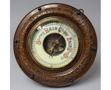 A Late Victorian/Edwardian Circular Wall Hanging Aneroid Barometer with White Enamelled Dial, 21cm Diameter 