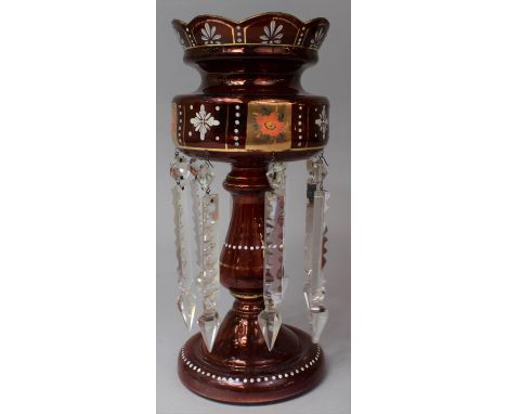 A Late Victorian/Edwardian Ruby Glass Lustre with Plain Glass Droppers, 31.5cm high 