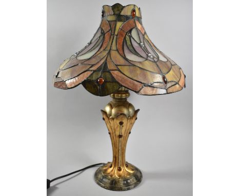 A Reproduction Tiffany Style Table Lamp with Jewelled Base and Shade, Total Height 53cm 