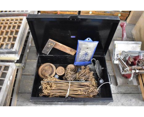 A Vintage Black Painted "Pilot" Metal Box Containing Two Surveyors Chains, Pop Rivet Kit, Kitchen Scale Weights etc 