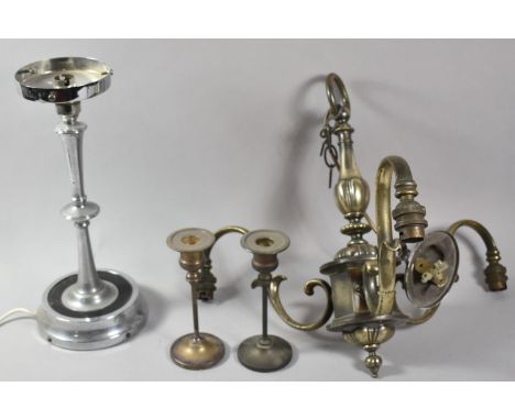 A Three Branch Ceiling Chandelier in Metal, Pair of Metal Candle Sticks and a Chromed Table Lamp Base 