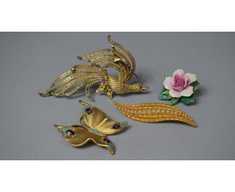 A Good Quality Fantasy Bird Brooch by Sphinx, Jewelled Vintage Butterfly Brooch, Floral Brooch by Crown and a Leaf Brooch 