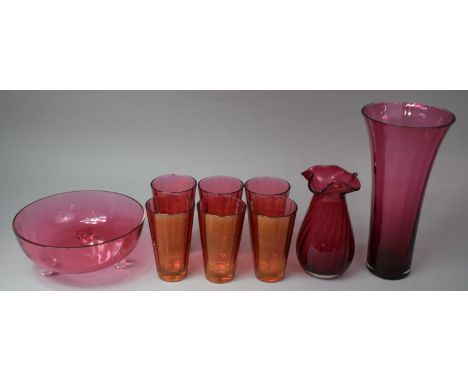 A Collection of Various Cranberry Glass to comprise Large Vase, Six Italian Tumblers, Bowl, Vases Etc 