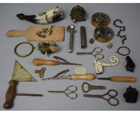 A Collection of Sundries to Include Vintage Fly Reel, Souvenir Hunting Horn, Tools etc 