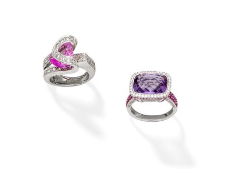 AMETHYST AND PINK SAPPHIRE RING; PINK SAPPHIRE AND DIAMOND RING1st: The chequerboard-cut amethyst within a brilliant-cut diam