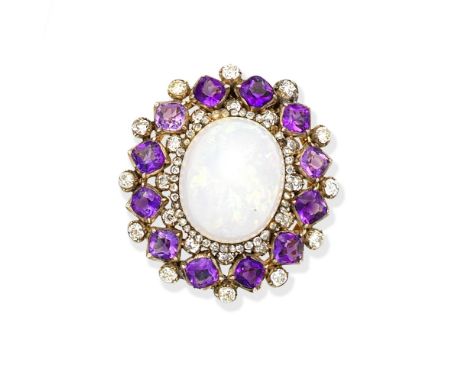 OPAL, AMETHYST AND DIAMOND BROOCHThe opal cabochon, within an openwork surround set with cushion-shaped amethysts, and rose a