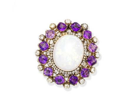 OPAL, AMETHYST AND DIAMOND BROOCHThe opal cabochon, within an openwork surround set with cushion-shaped amethysts, and rose a